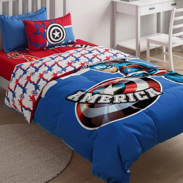 D'DECOR Kids Economy Blue Cotton Captain America Printed Single Bedsheet Set