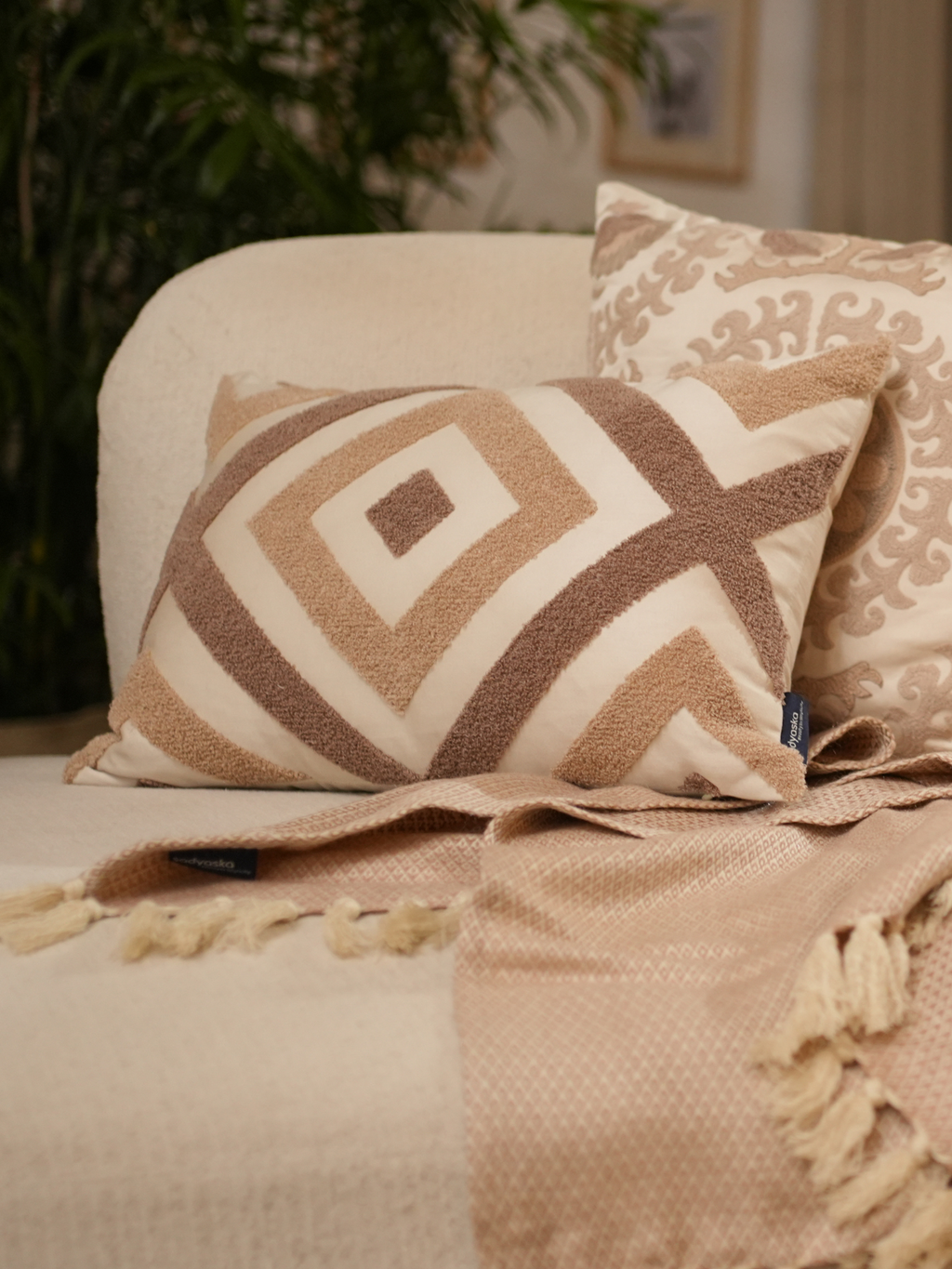 Sadyaska Lune Oats Beige Cotton Embroidered 12" X 18" 1 Pcs Cushion Cover