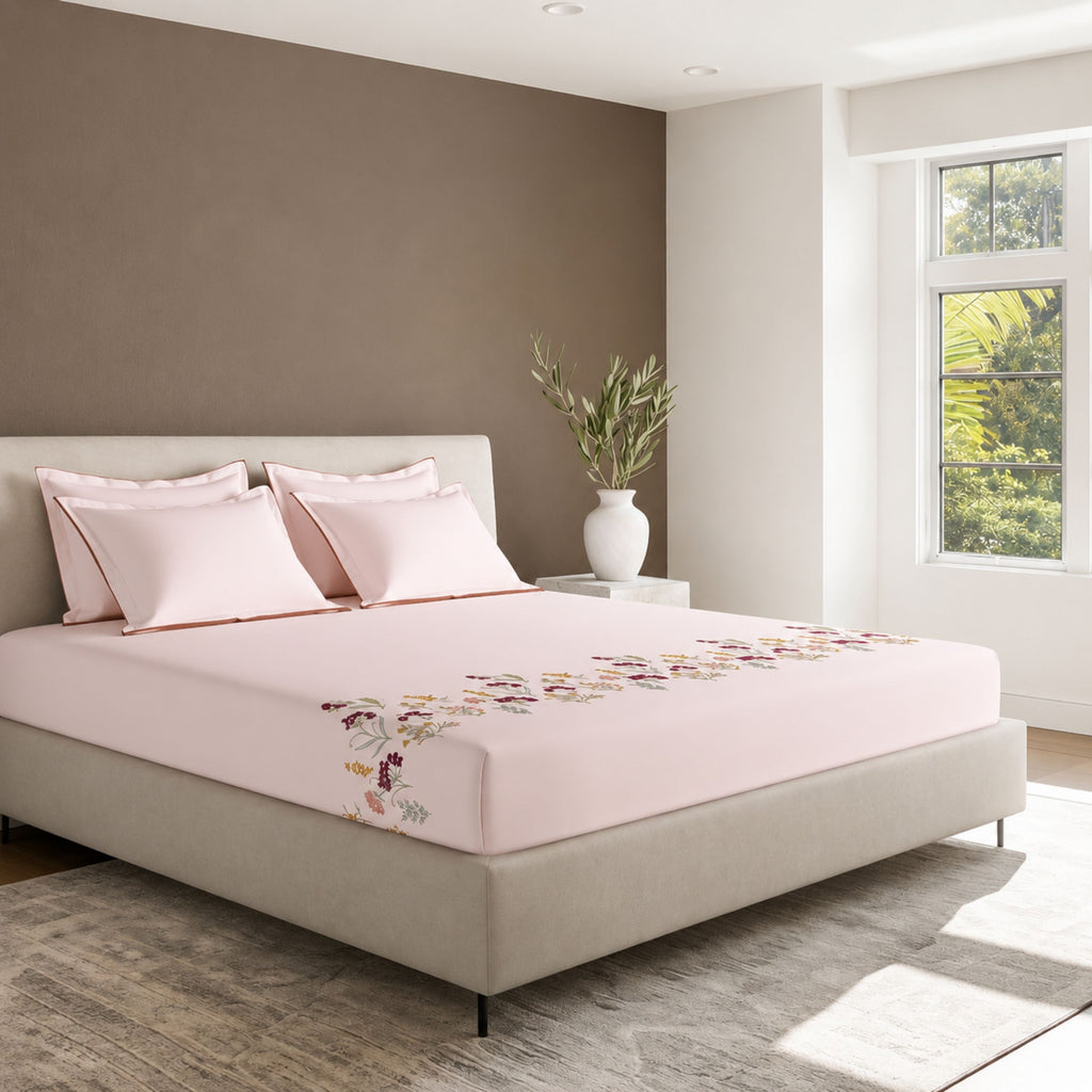 Sansaar by D'Decor Large Bedsheet Set with 2 Pillow Covers - Verna - Powder Pink - Embroidered - 1 Pc