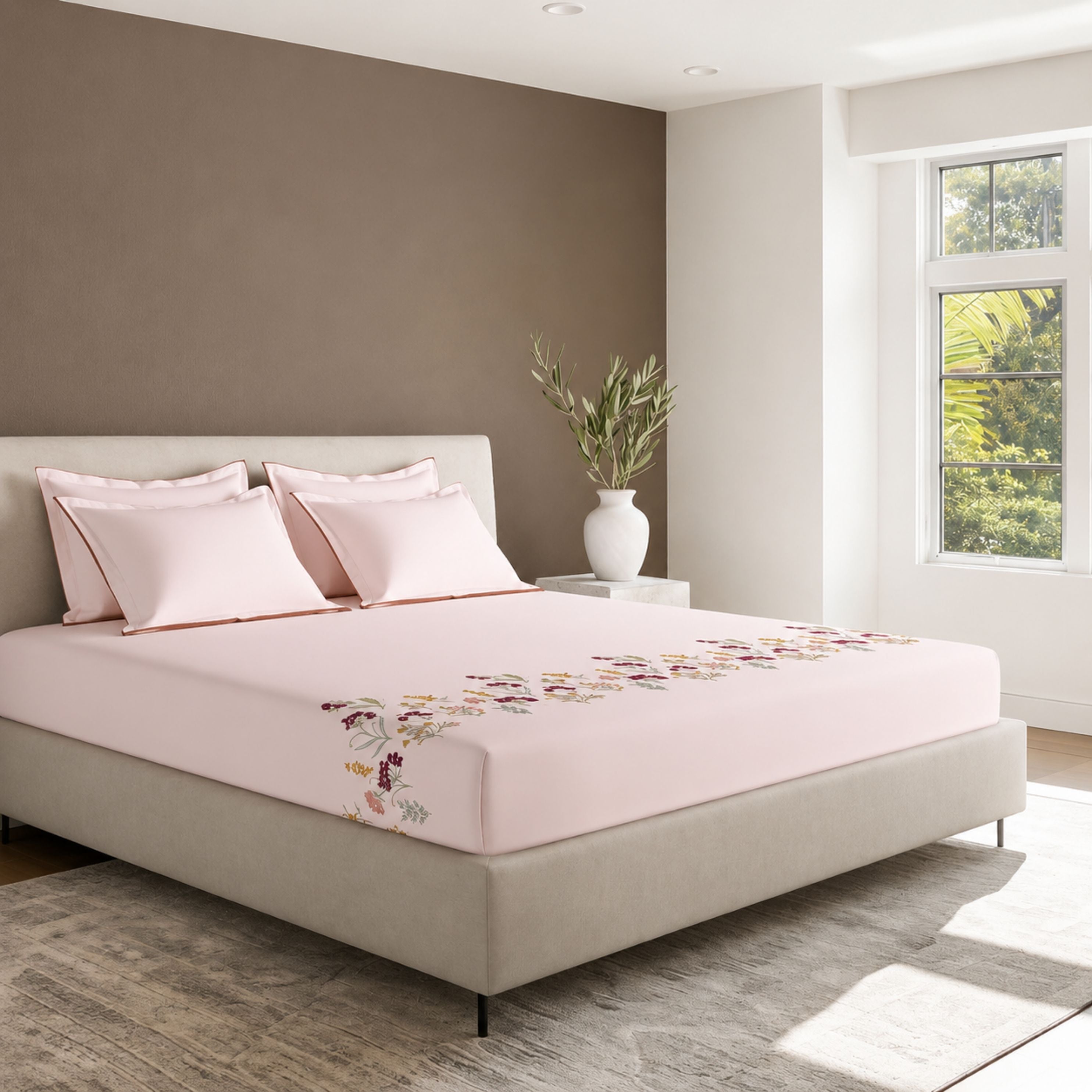 Sansaar by D'Decor Large Bedsheet Set with 2 Pillow Covers - Verna - Powder Pink - Embroidered - 1 Pc
