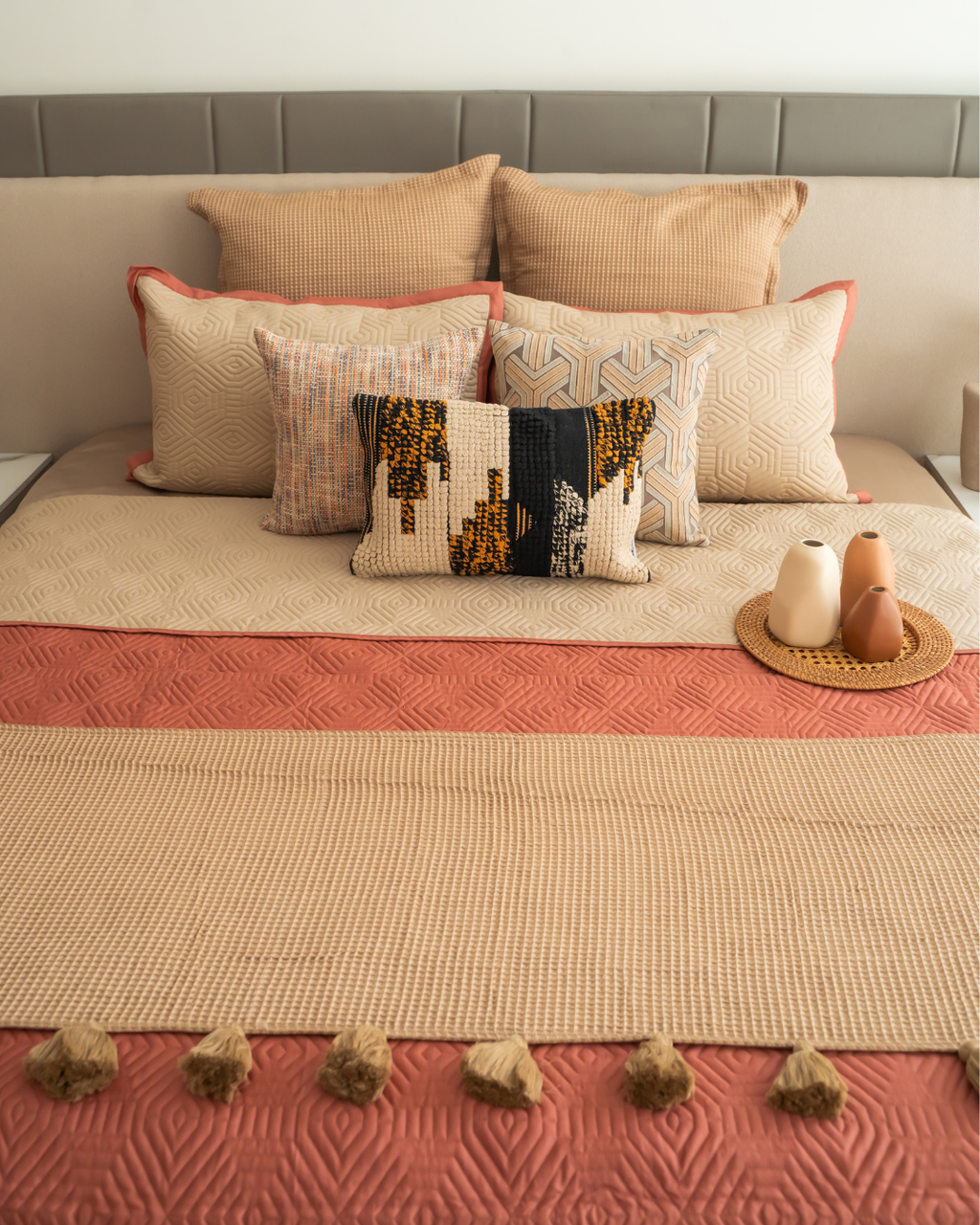 Sadyaska Quilted Sand and Terracotta Macao Reversible 1 Pcs Bedspread
