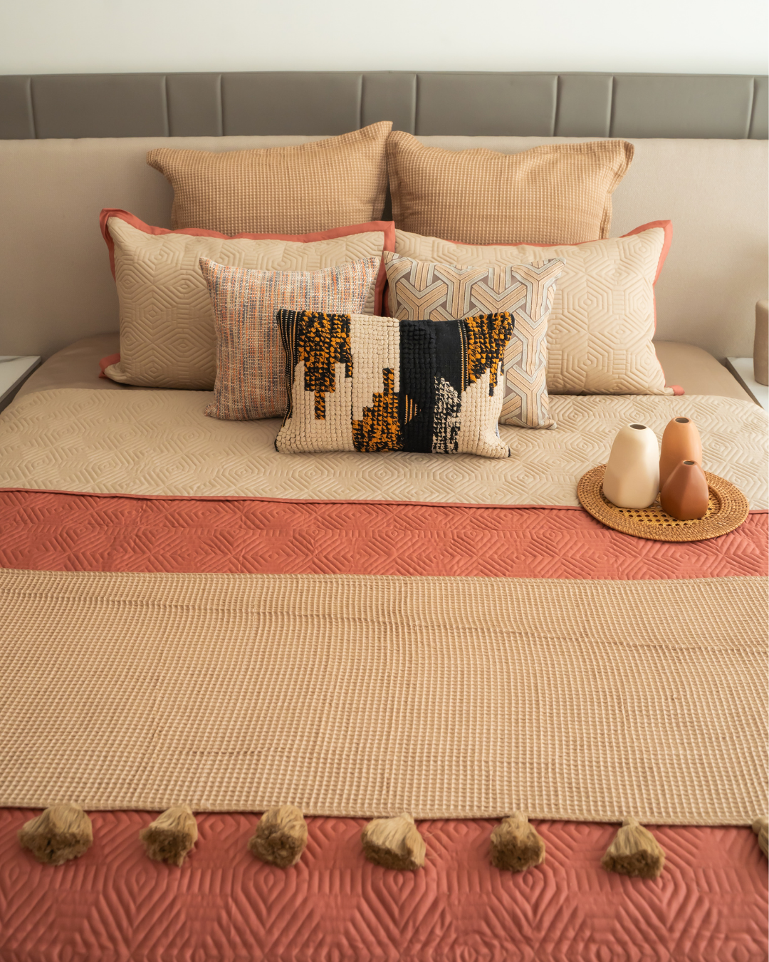Sadyaska Quilted Sand and Terracotta Macao Reversible 1 Pcs Bedspread
