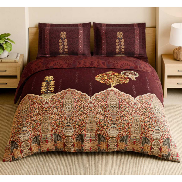 Spaces Shubha Kalamkari New Maroon Traditional Ethnic 300TC Cotton Super King Bed Sheet Set | 1085763 New Maroon