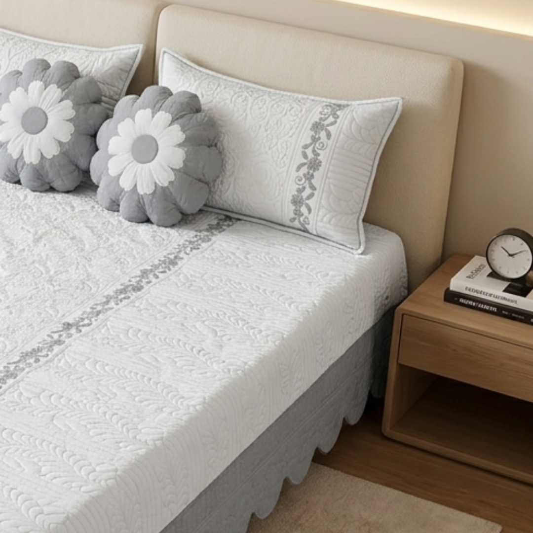 TIMA Angel 5PC Bedcover | Silver Grey & White Quilted Set