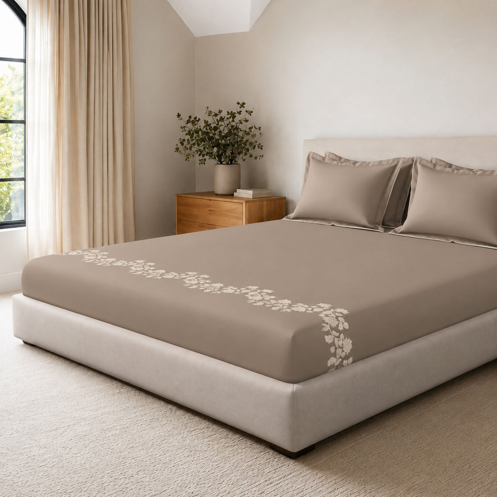 Sansaar by DDdecor Large Bedsheet Set with 2 Pillow Covers - Waterlily - Mocha Meringue - Embroidered - 1 Pc