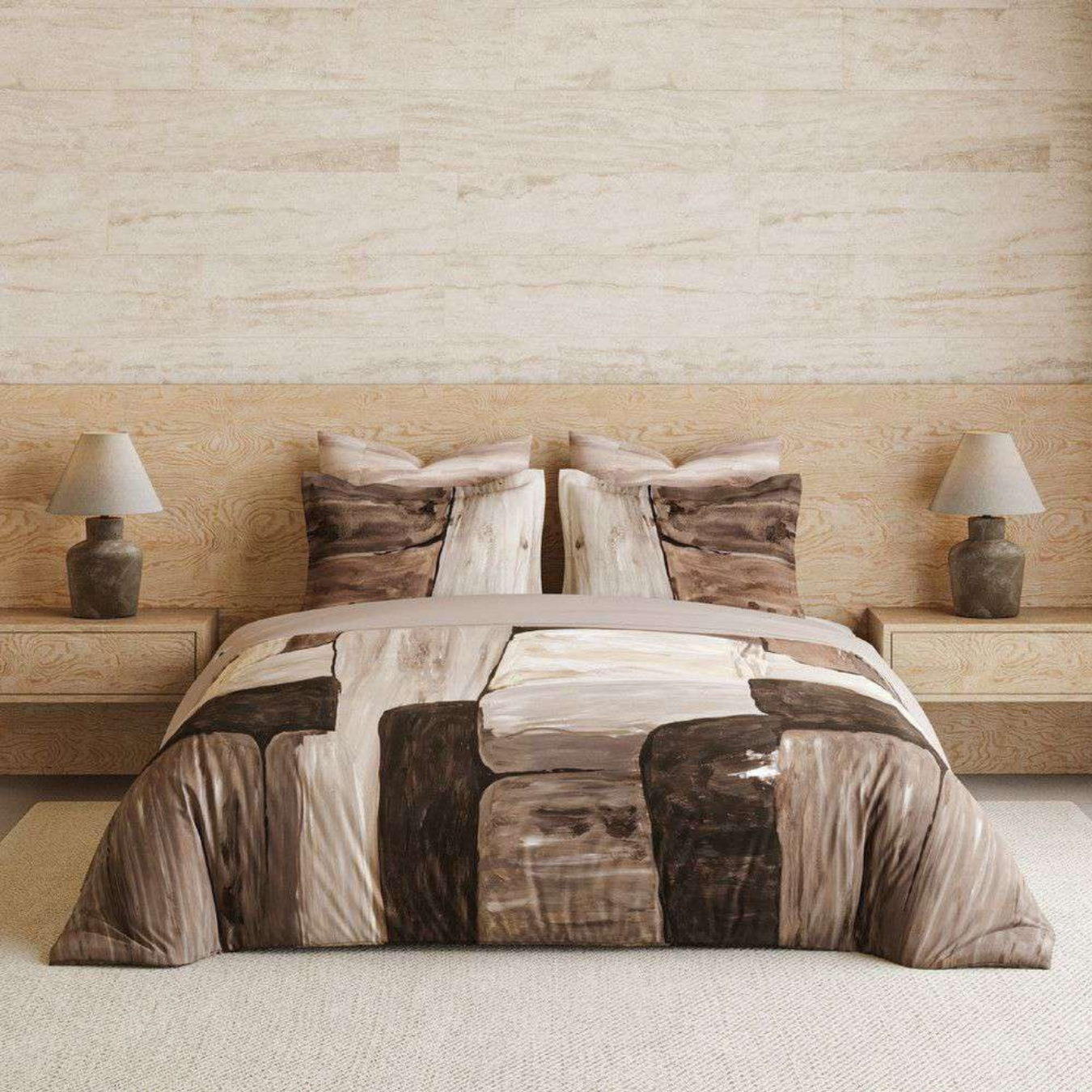 D'Decor Wabi Sabi Allure Toasted Coconut Abstract Digitally Printed 5-Piece Double Bedsheet Set | WS05 Allure Toasted Coconut
