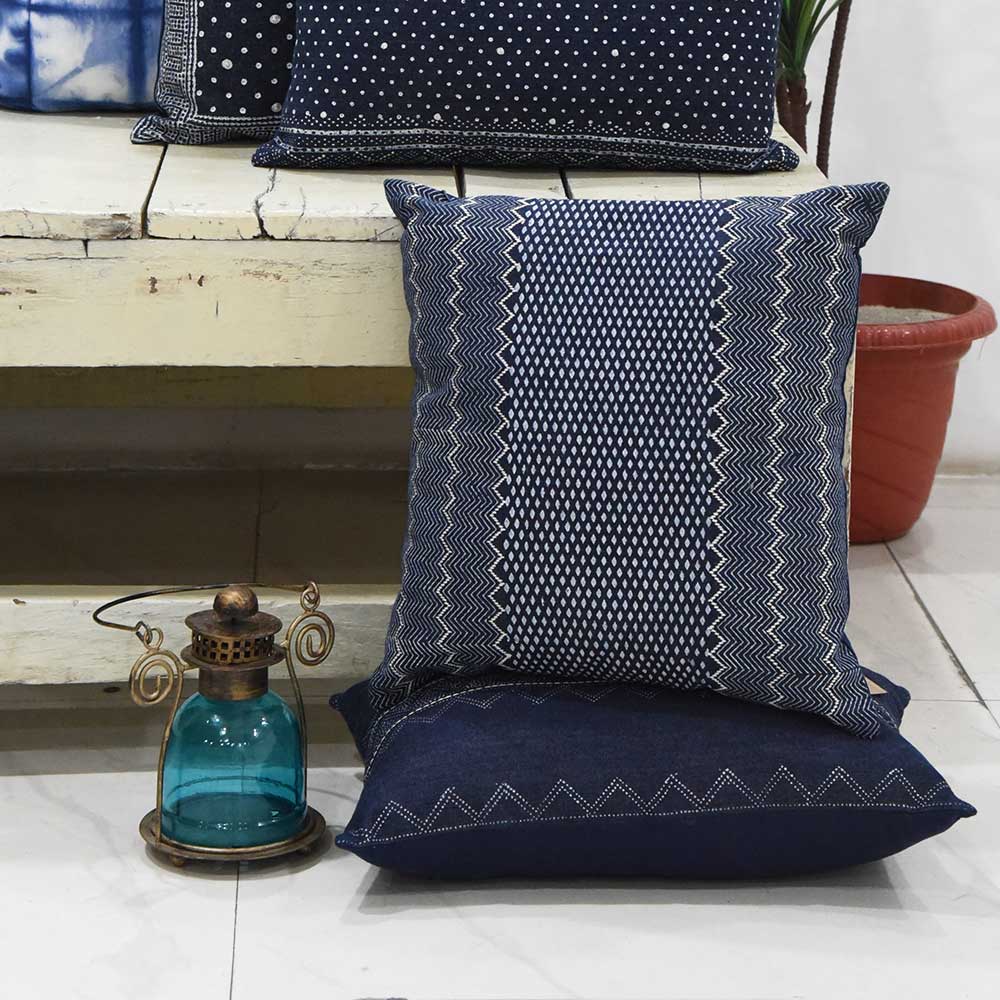 Sadyaska Nebraska Hand Block Printed Denim Decorative Cushion Case Indigo Pillow 16" X 16"… 1 Pcs Cushion Cover