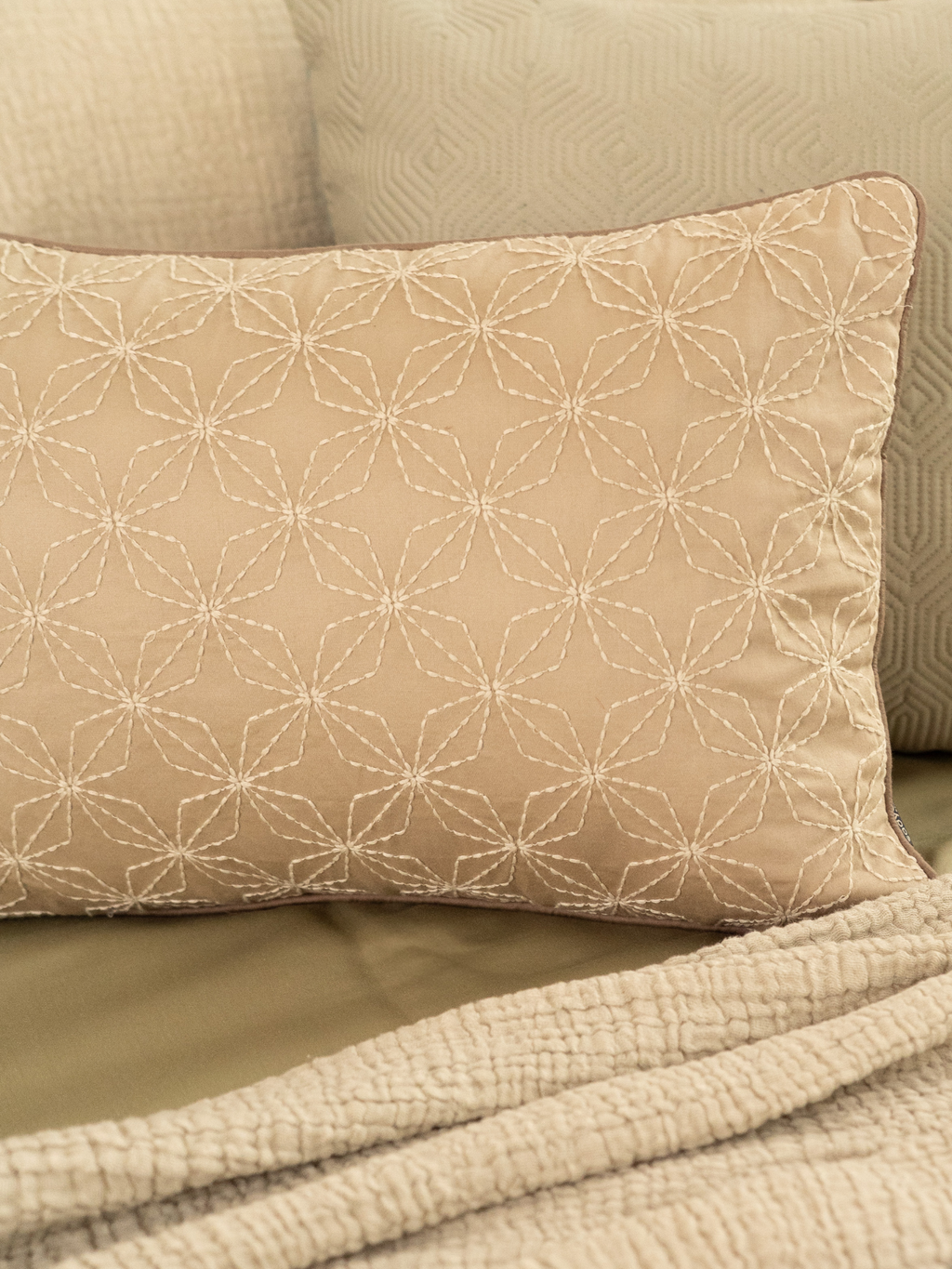 Sadyaska Geovibe Beige Cotton Embroidered 12" X 18" 1 Pcs Cushion Cover