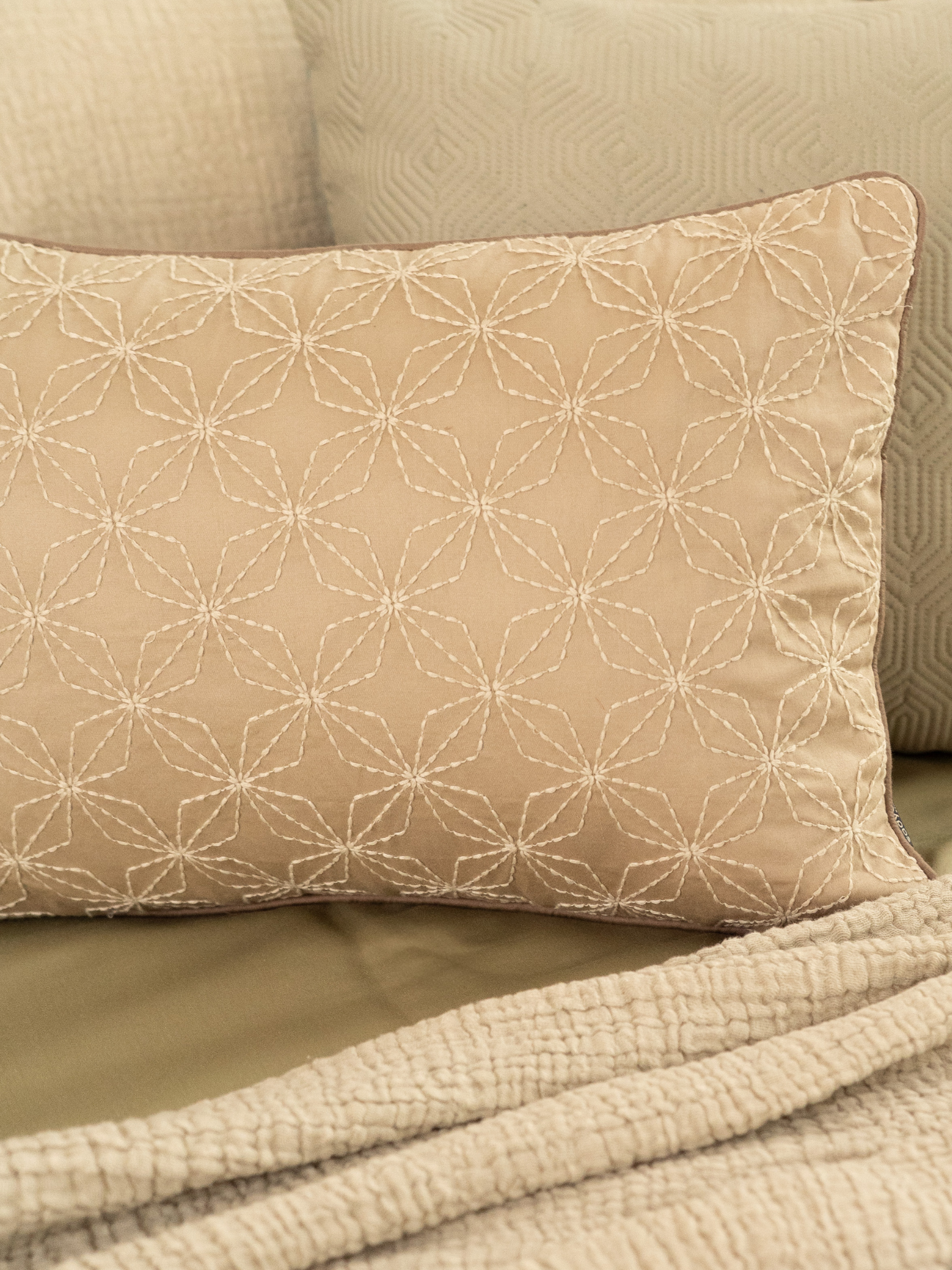 Sadyaska Geovibe Beige Cotton Embroidered 12" X 18" 1 Pcs Cushion Cover