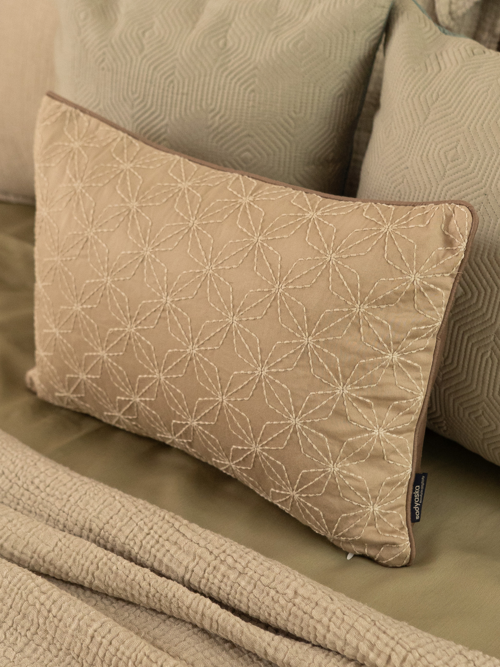 Sadyaska Geovibe Beige Cotton Embroidered 12" X 18" 1 Pcs Cushion Cover