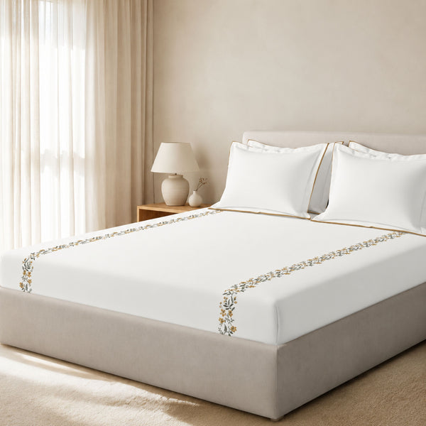 Sansaar by DDdecor Large Bedsheet Set with 2 Pillow Covers - Daffodil - Ivory - Embroidered - 1 Pc