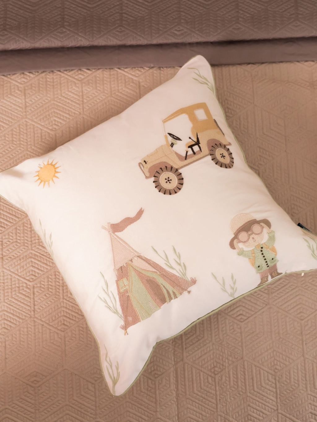 Sadyaska Camp Cozy Cotton Embroidered Oats Beige Kids Design 16" X 16" 1 Pcs Cushion Cover