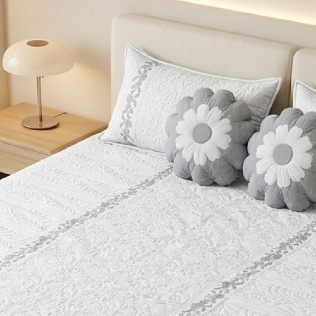 TIMA Angel 5PC Bedcover | Silver Grey & White Quilted Set