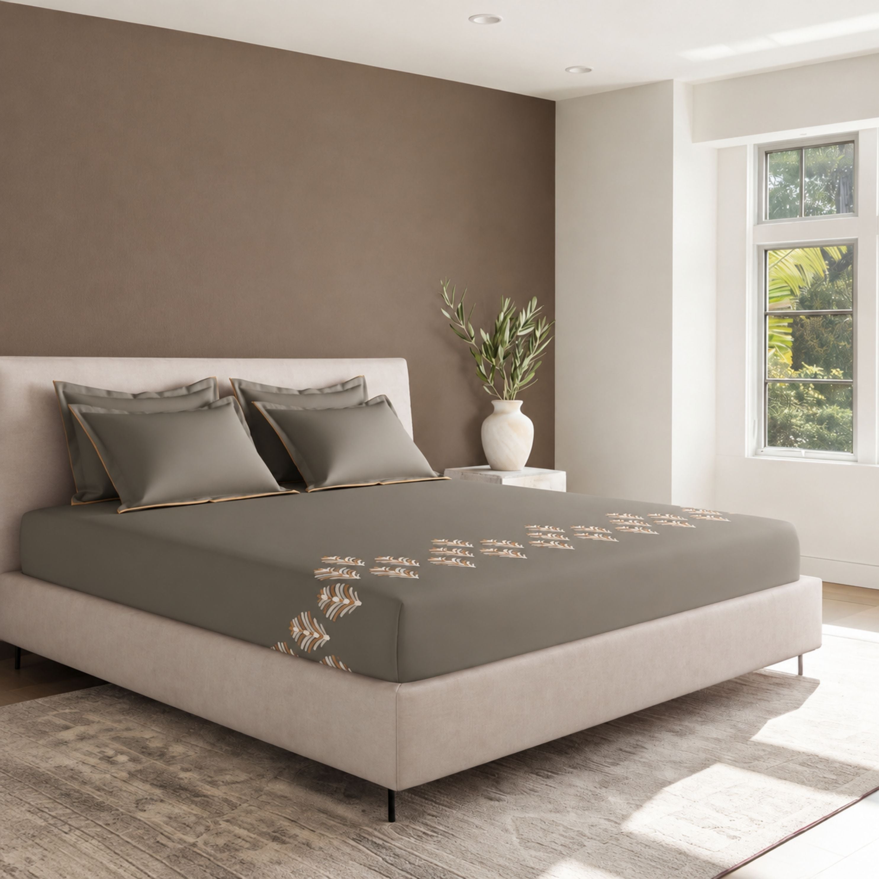 Sansaar by DDdecor Large Bedsheet Set with 2 Pillow Covers - Sylvan - Grey - Embroidered - 1 Pc