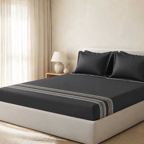 Sansaar by D'Decor Large Bedsheet Set with 2 Pillow Covers - Delta - Ebony - Embroidered - 1 Pc