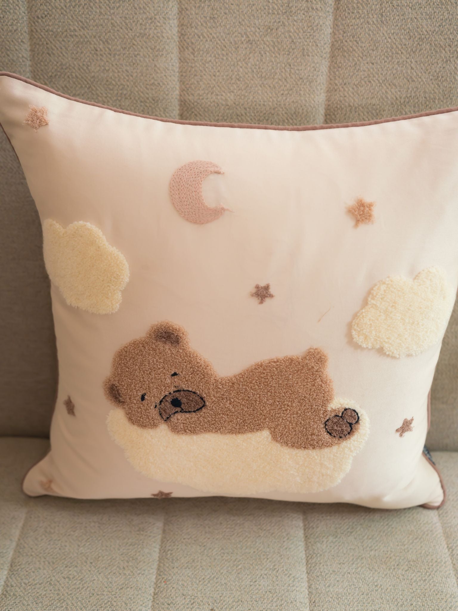 Sadyaska Sleepy Whim Cotton Embroidered Oats Beige Kids Design 16" X 16" 1 Pcs Cushion Cover