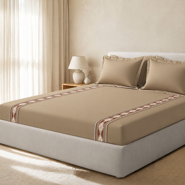 Sansaar by DDdecor Large Bedsheet Set with 2 Pillow Covers - Delia - Coffee - Embroidered - 1 Pc