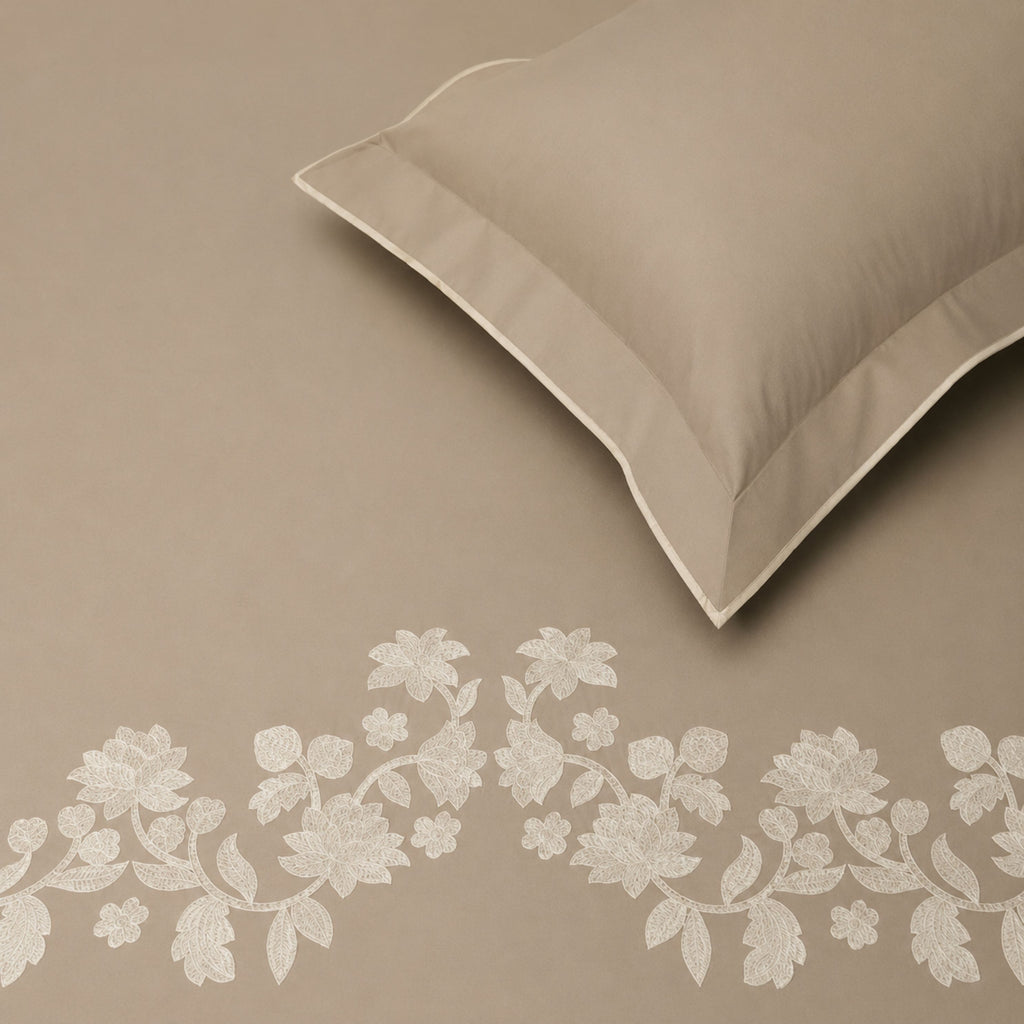Sansaar by DDdecor Large Bedsheet Set with 2 Pillow Covers - Waterlily - Mocha Meringue - Embroidered - 1 Pc