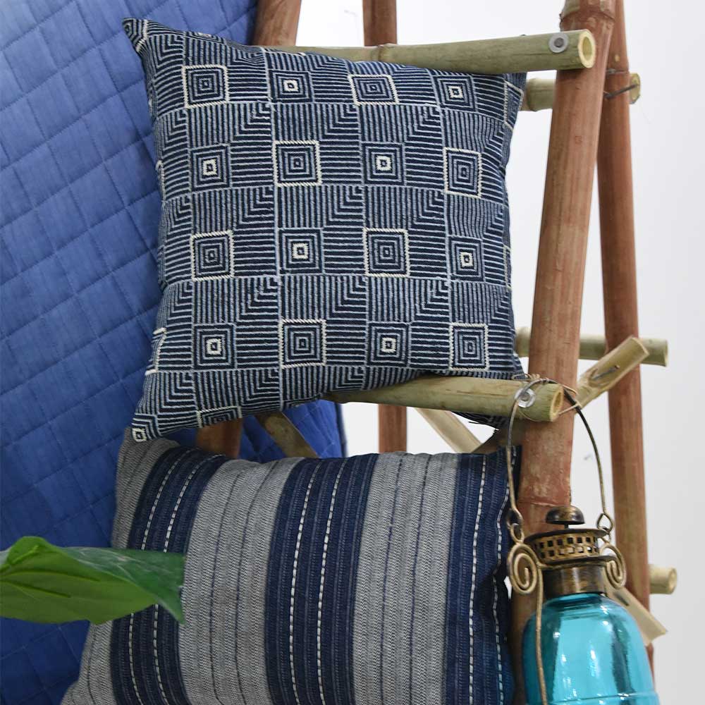 Sadyaska Denim Embroidered Hand Block Print Indigo Decorative Pillow Cushion Case 16" X 16"… 1 Pcs Cushion Cover