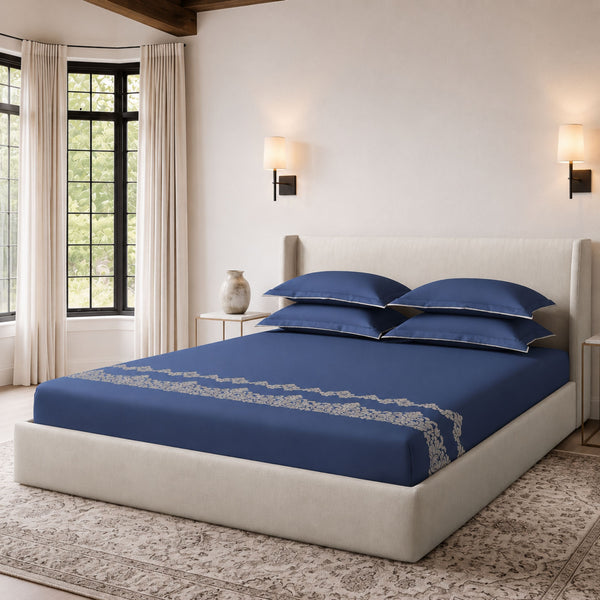 Sansaar by DDdecor Large Bedsheet Set with 2 Pillow Covers - Loreto - Navy - Embroidered - 1 Pc