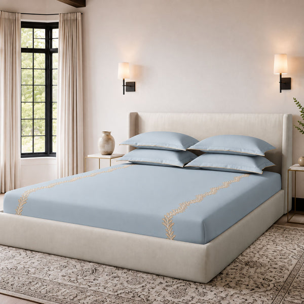 Sansaar by DDdecor Large Bedsheet Set with 2 Pillow Covers - Frond - Steel Blue - Embroidered - 1 Pc