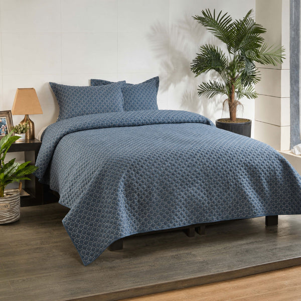 Saga Denim Blue Bedspread Set (Polyester Cotton) | 3-Piece Quilt Set | King Size