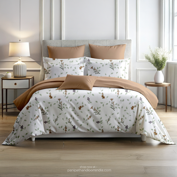 Linsdon Home House of Whites Meadow Breeze | Soft Ochre Digitally Printed 100% Cotton King Bedsheet Set