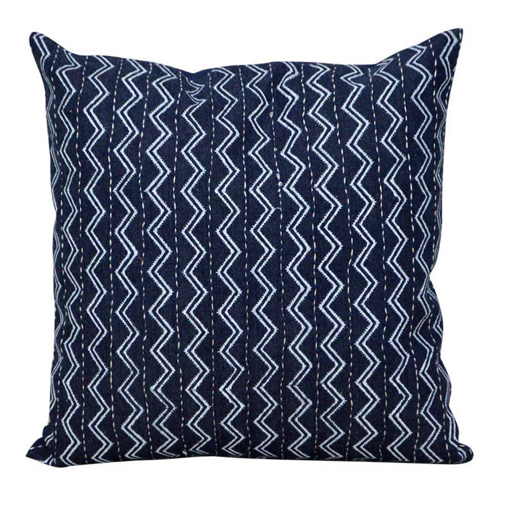 Sadyaska Designer Kantha Embroidered Denim Denim Indigo Blue Printed Pillow Cushion Case 16" X 16" 1 Pcs Cushion Cover