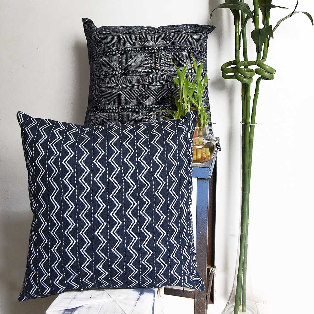 Sadyaska Designer Kantha Embroidered Denim Denim Indigo Blue Printed Pillow Cushion Case 16" X 16" 1 Pcs Cushion Cover
