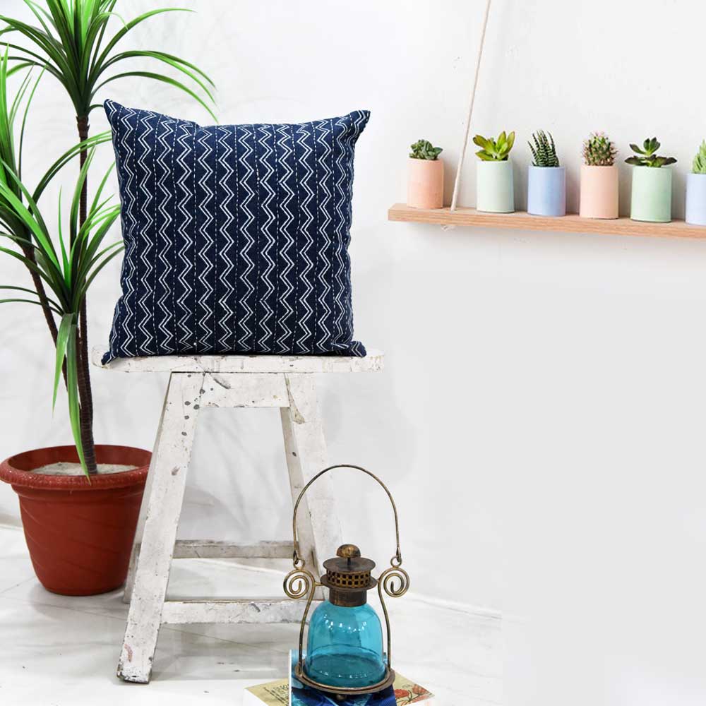 Sadyaska Designer Kantha Embroidered Denim Denim Indigo Blue Printed Pillow Cushion Case 16" X 16" 1 Pcs Cushion Cover