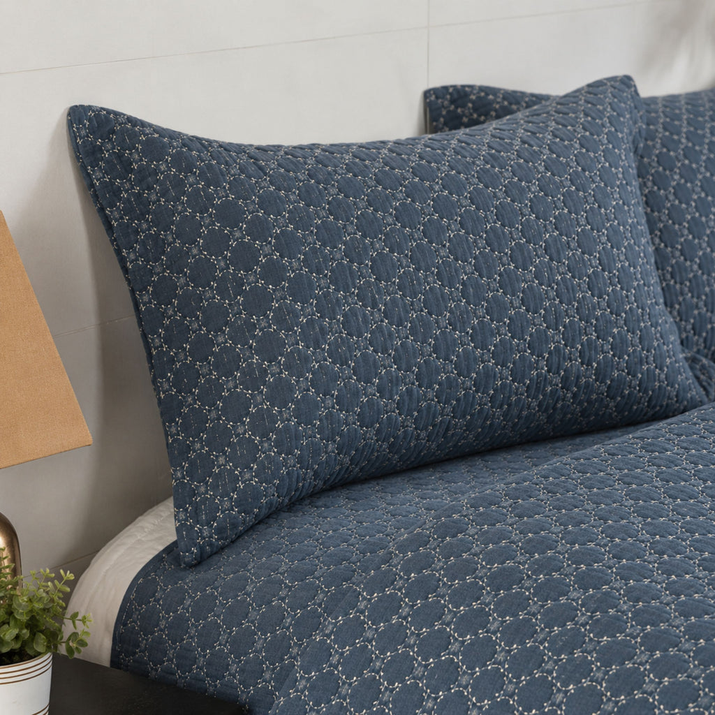 Saga Denim Blue Bedspread Set (Polyester Cotton) | 3-Piece Quilt Set | King Size
