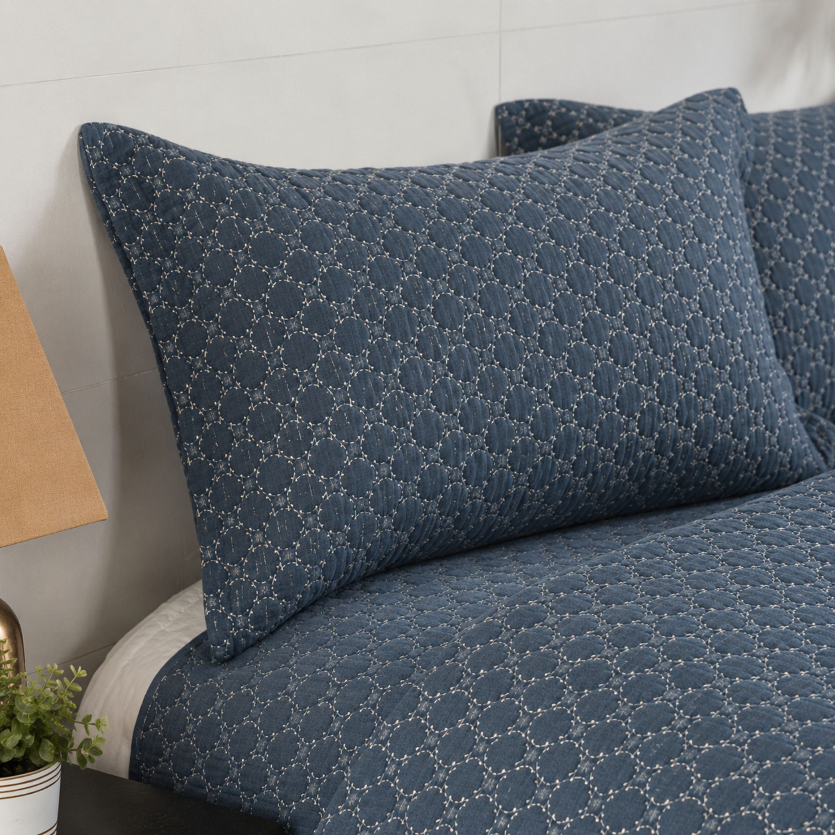 Saga Denim Blue Bedspread Set (Polyester Cotton) | 3-Piece Quilt Set | King Size