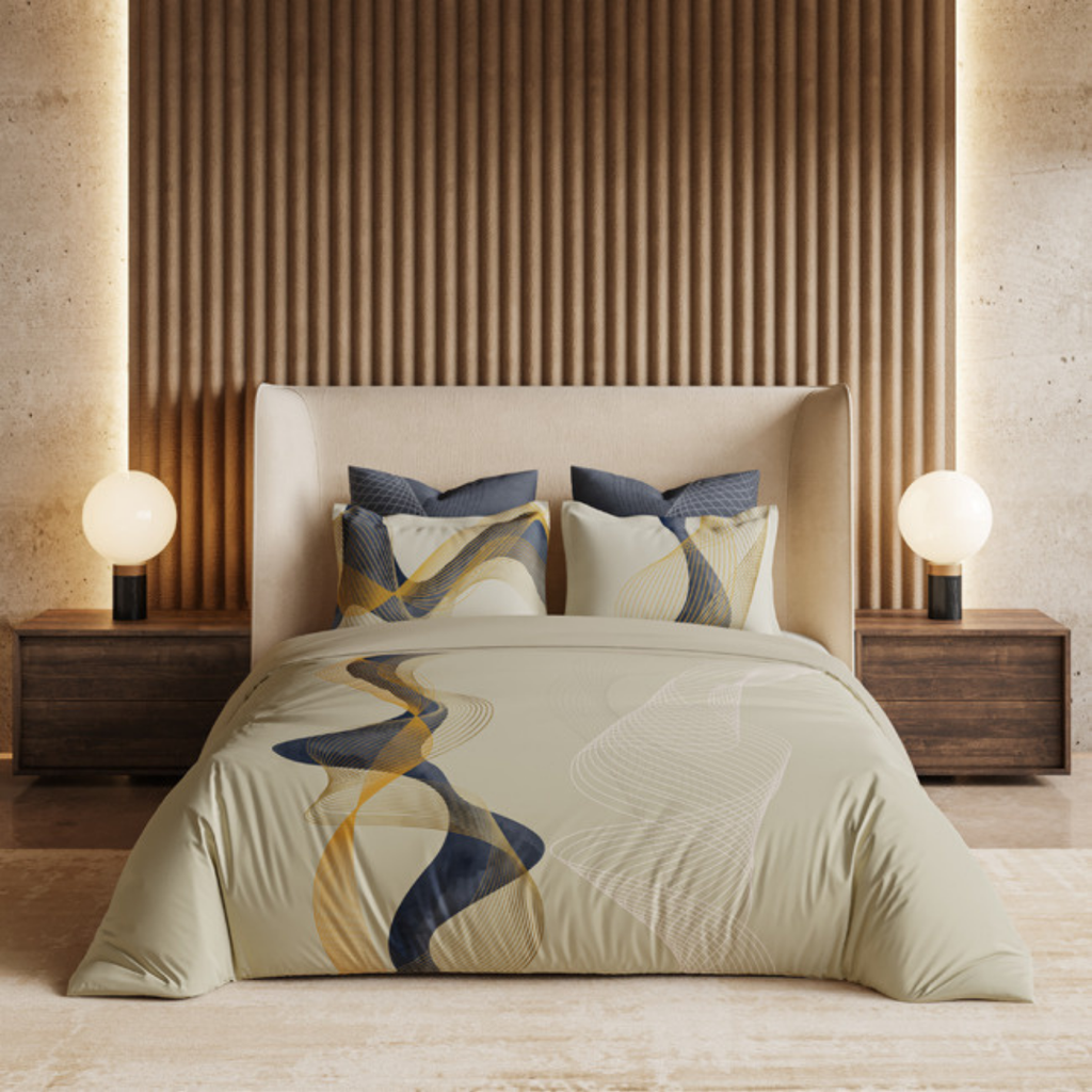 D'Decor Premier Wavescape Pistachio Shell Abstract Digitally Printed 5-Piece Double Bedsheet Set | RM165 Pistachio Shell