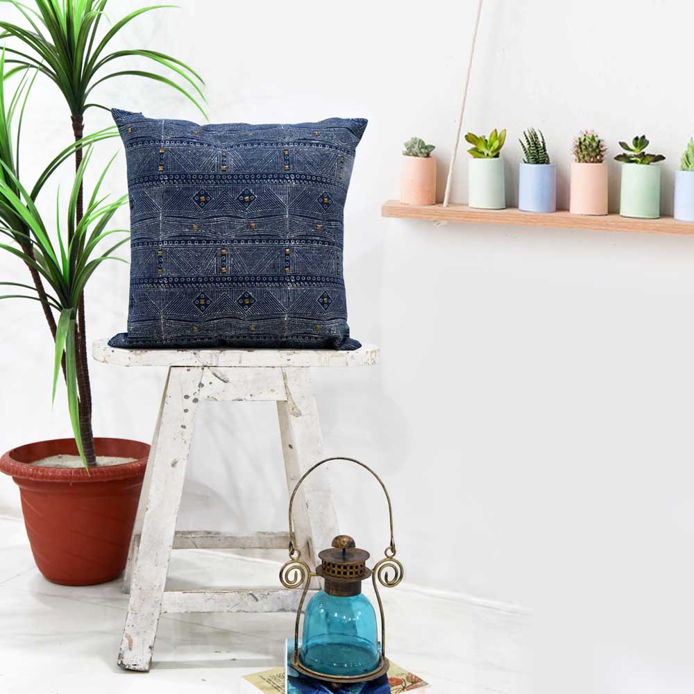 Sadyaska Comfort Michigan Denim Printed Hand Block Embroidered Indigo Pillow Cushion Case 16" X 16"… 1 Pcs Cushion Cover