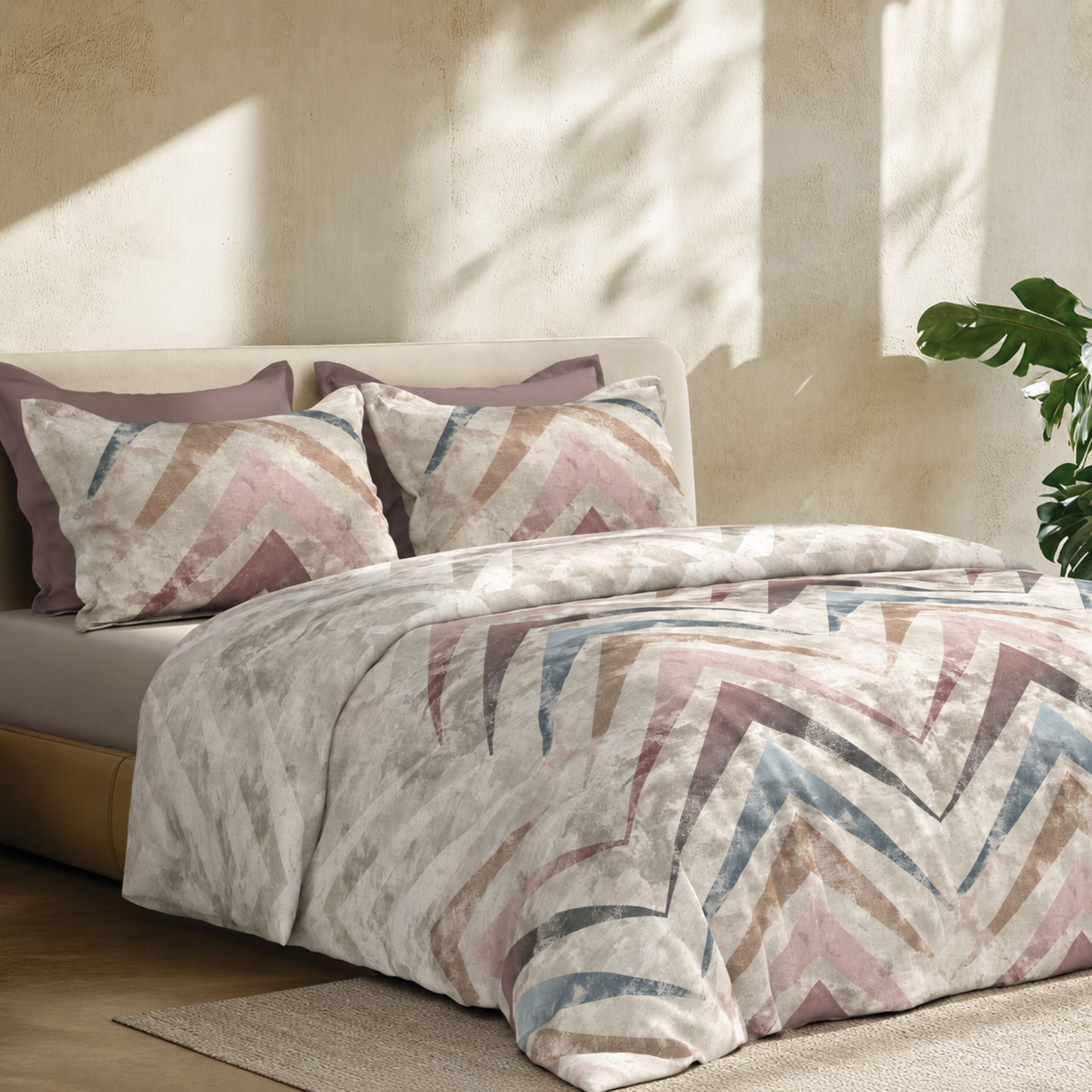 Sansaar by DDdecor Bedsheet with 2 Pillow Covers - Venice - Sierra - Blushgrey - Geometric Abstract Pattern - 1 Pc