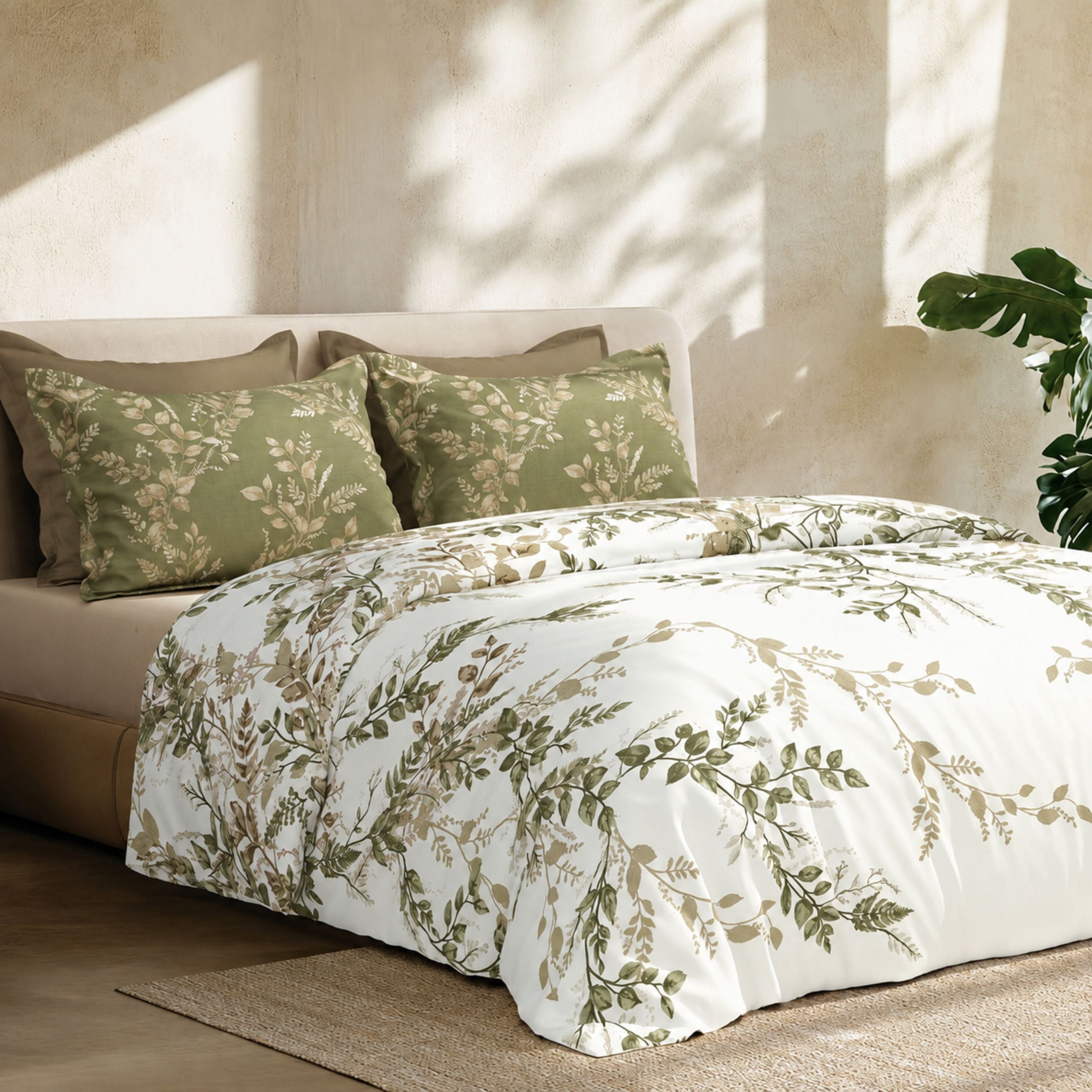 Sansaar by DDdecor Bedsheet with 2 Pillow Covers - Venice - Linden - Flaxen - Botanical Leaf Print Pattern - 1 Pc