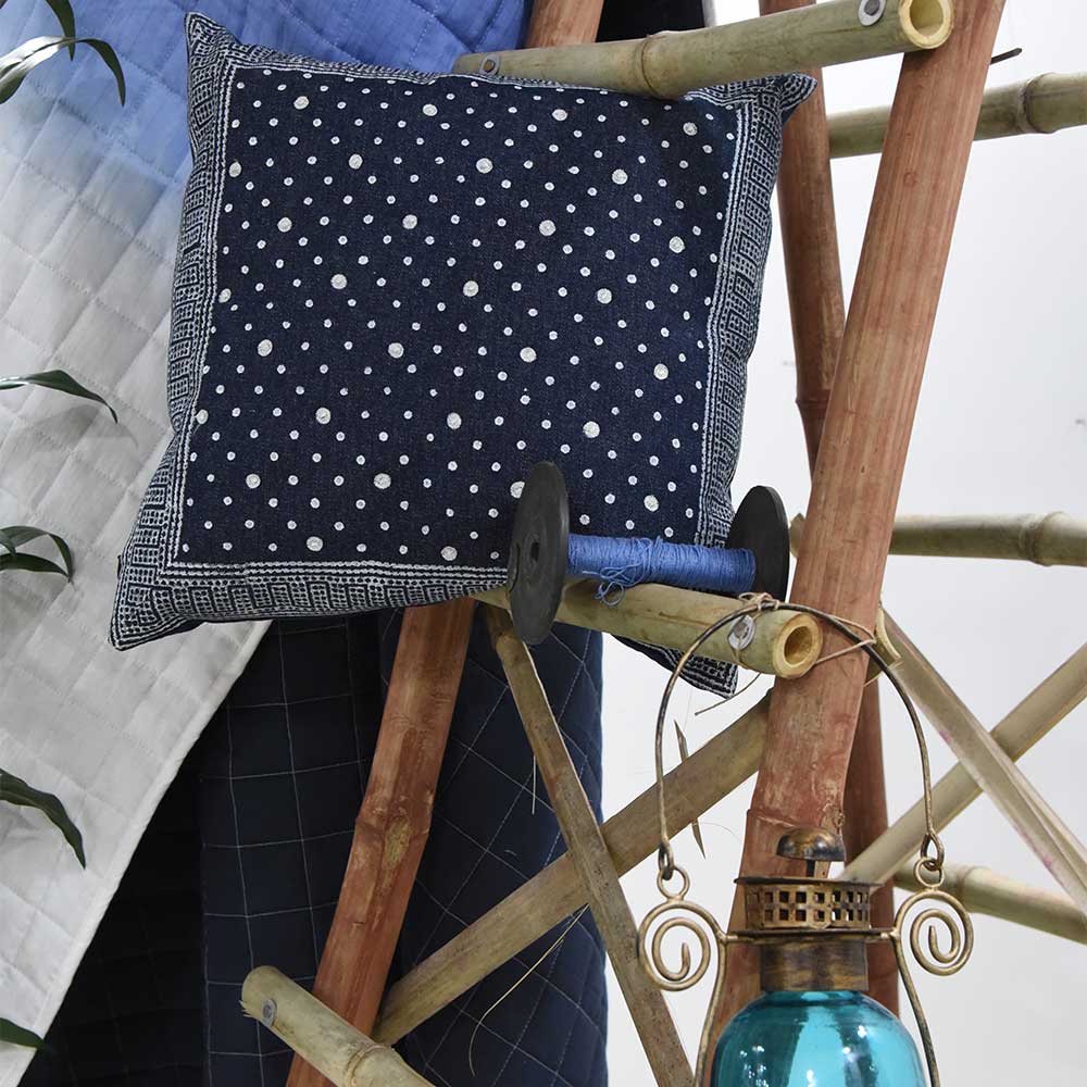 Sadyaska Navy Dotted Denim Printed Hand Embroidered Block Print Pillow Cushions Case 16" X 16"… 1 Pcs Cushion Cover