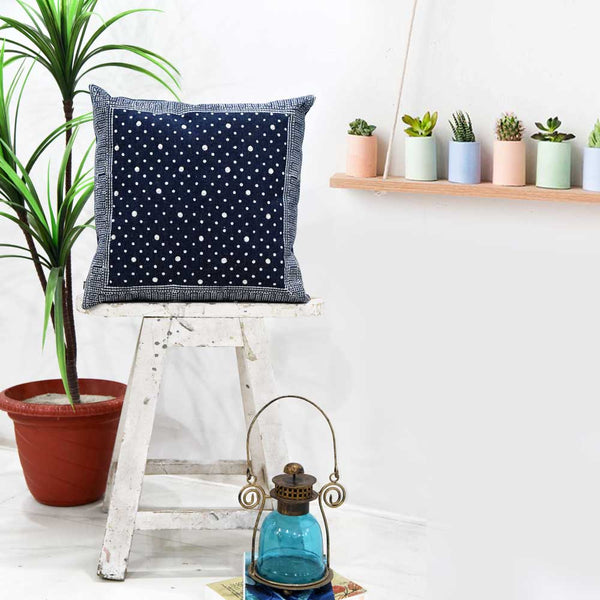Sadyaska Navy Dotted Denim Printed Hand Embroidered Block Print Pillow Cushions Case 16