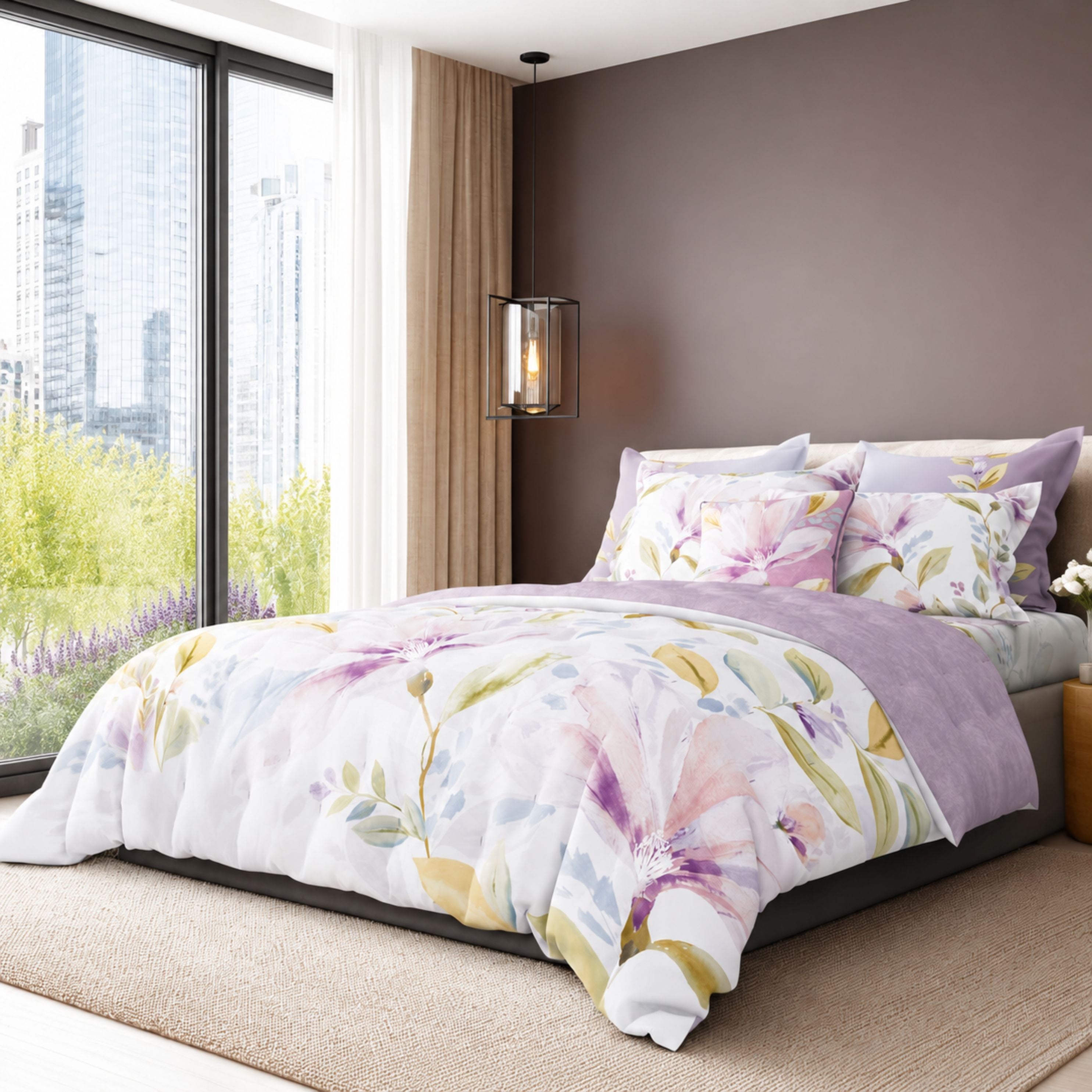 Sansaar by DDdecor Bedsheet with 4 Pillow Covers - Dreamcatcher - Fiora- Lilac - Floral Botanical Print Pattern - 1 Pc