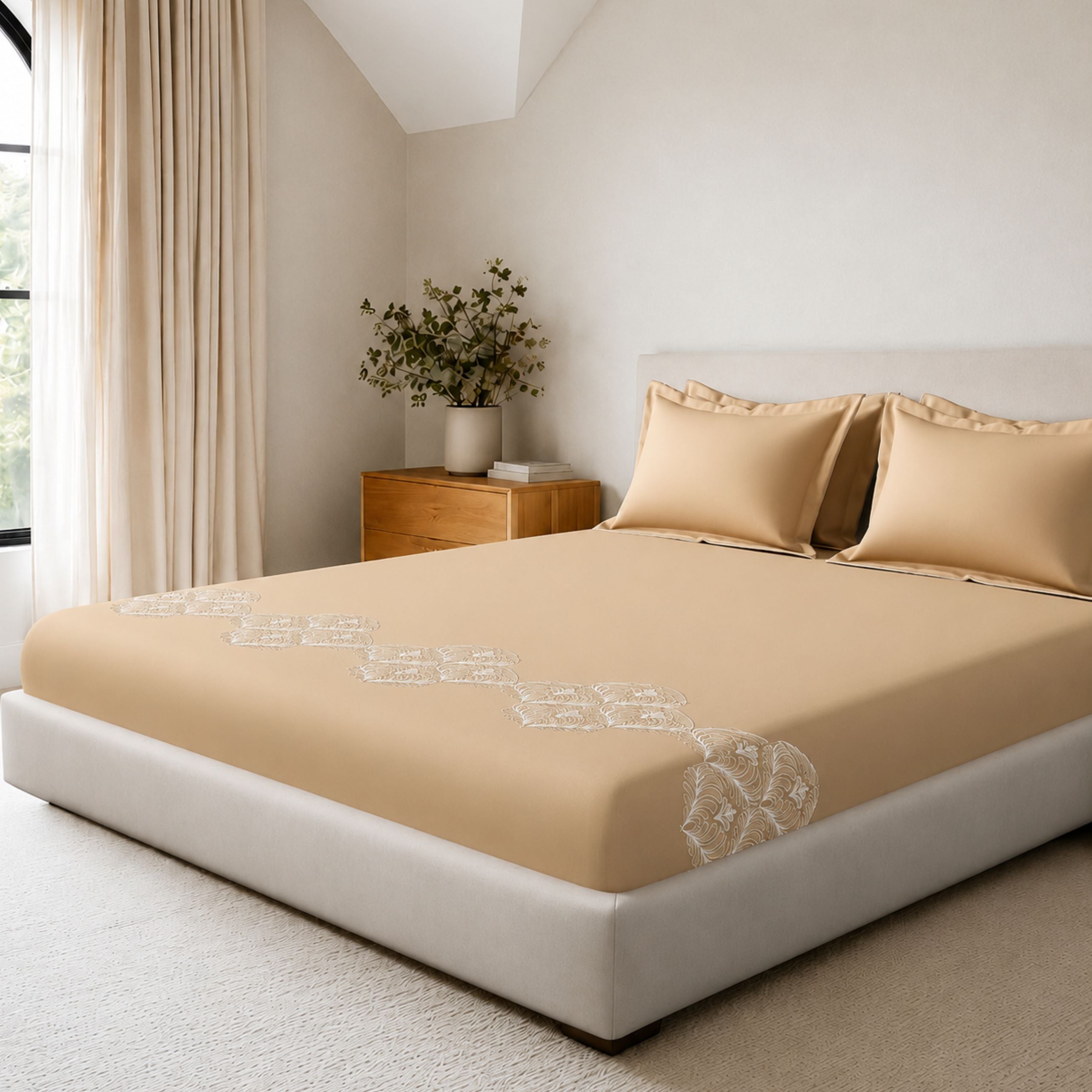 Sansaar by DDdecor Large Bedsheet Set with 2 Pillow Covers - Quillon - Cinnamon Swirl - Embroidered - 1 Pc