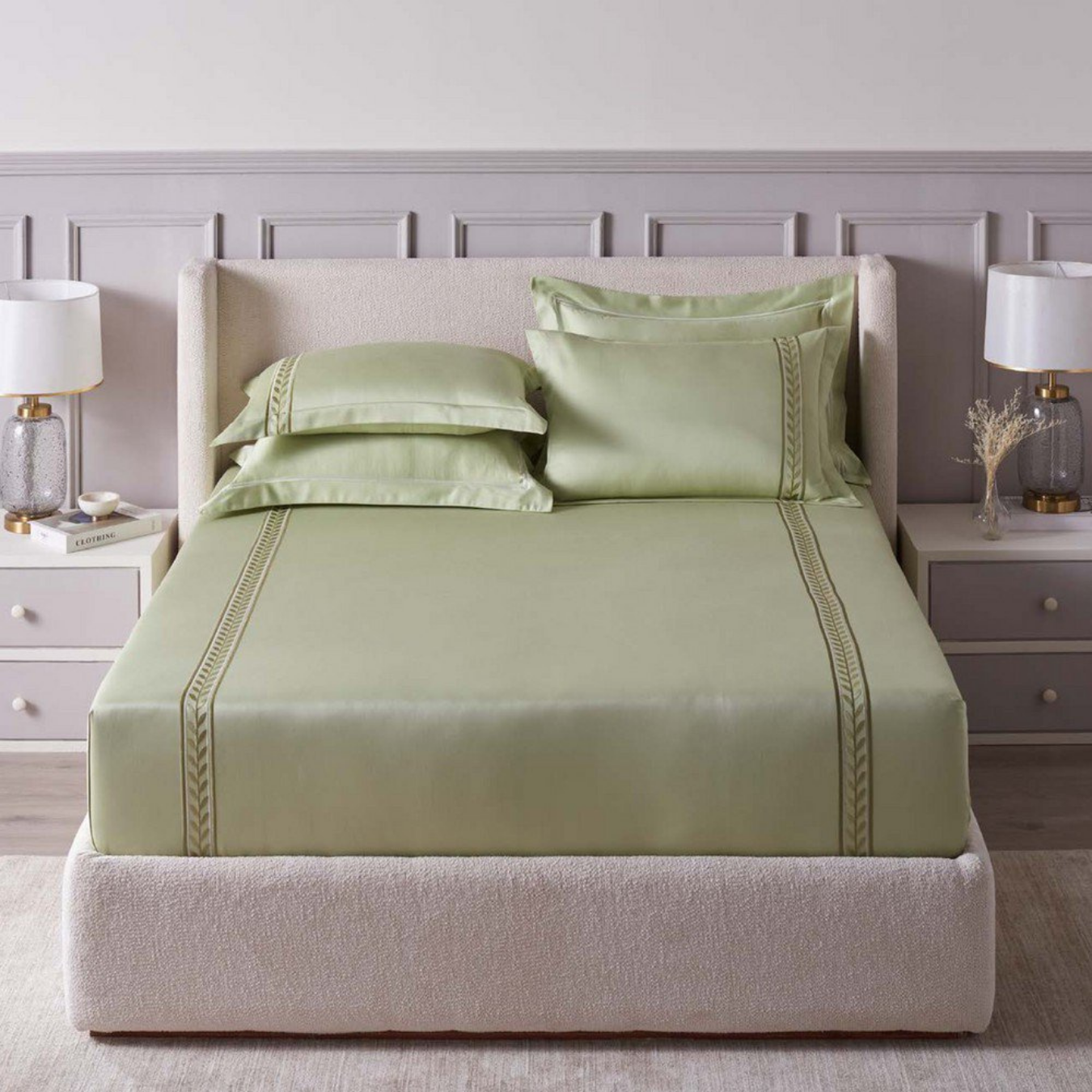 D.Decor Imperial II Ansonia Celadon Green Elegant Embroidered 5-Piece Double Bedsheet Set | IP07 Celadon Green