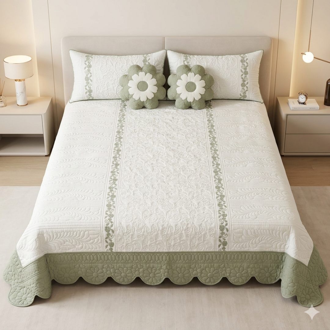 TIMA Angel 5PC Bedcover | Olive Green & Ivory Quilted Set