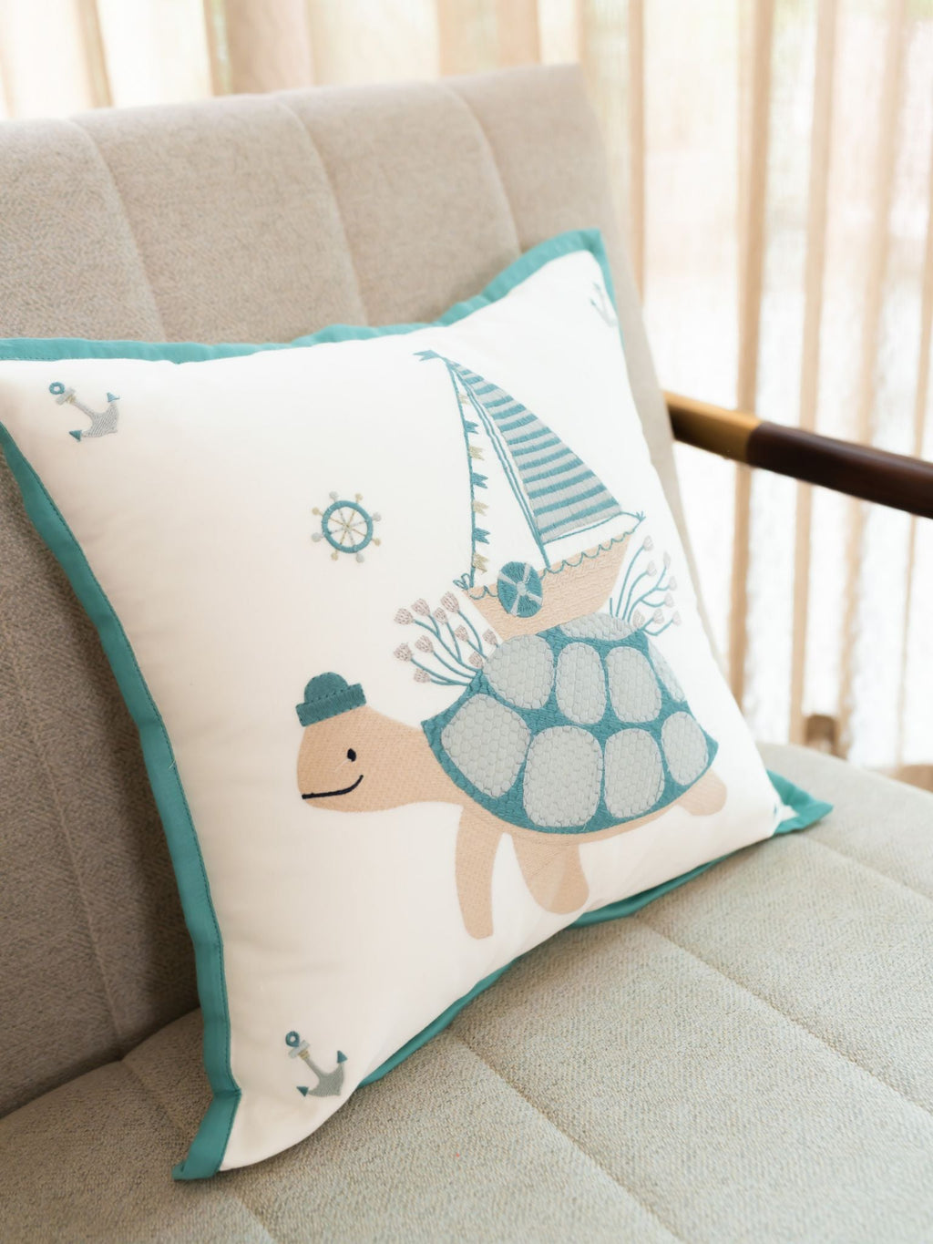 Sadyaska Little Sailor Cotton Embroidered Ivory Kids Design 16" X 16" 1 Pcs Cushion Cover