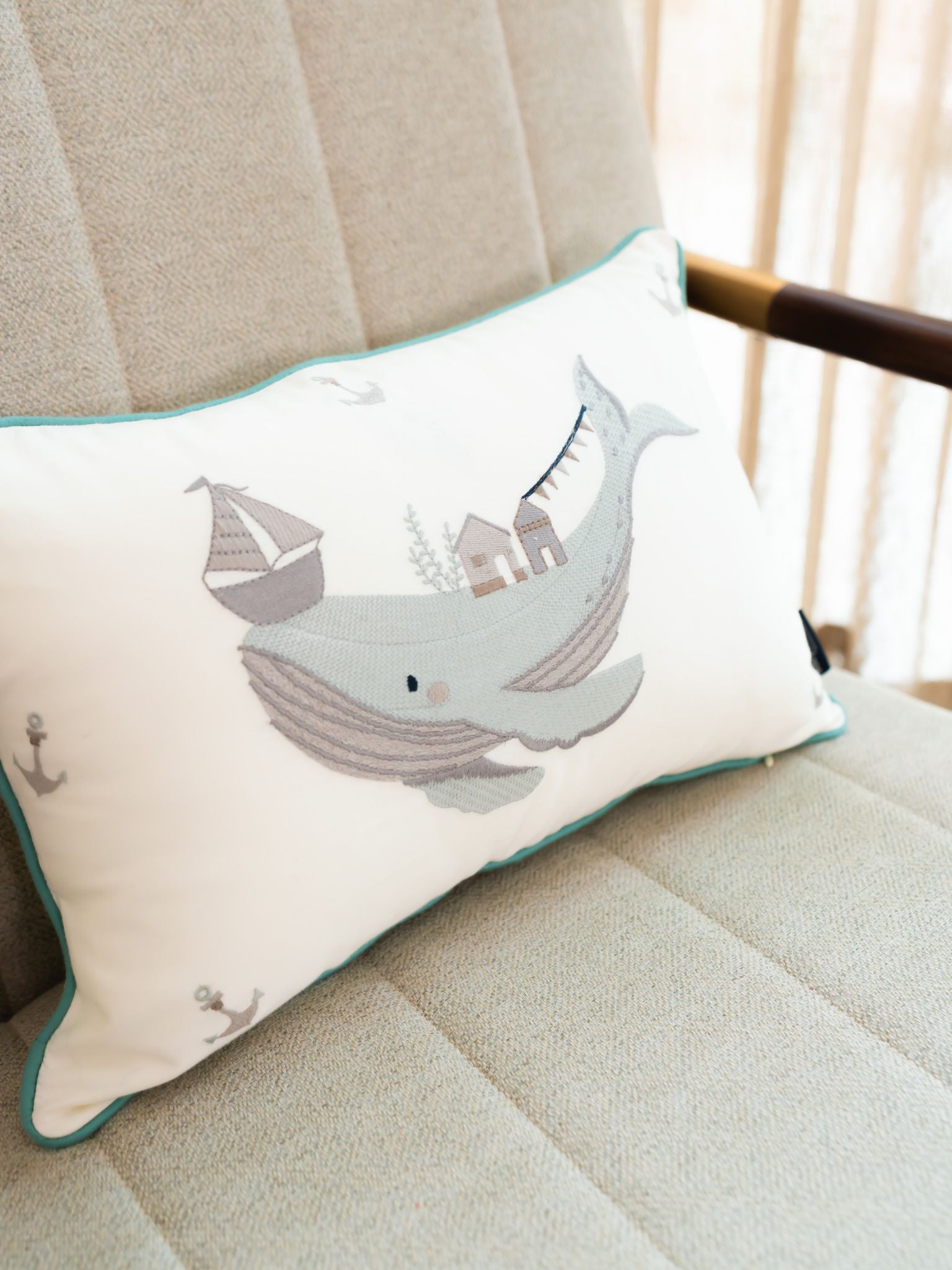 Sadyaska Whimsy Whale Cotton Embroidered Ivory Kids Design 12" X 18" 1 Pcs Cushion Cover