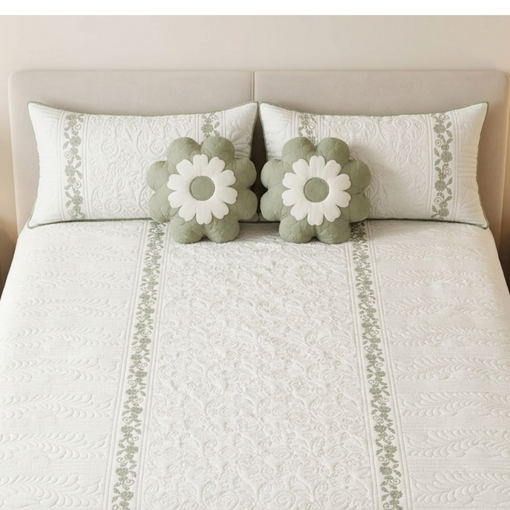 TIMA Angel 5PC Bedcover | Olive Green & Ivory Quilted Set