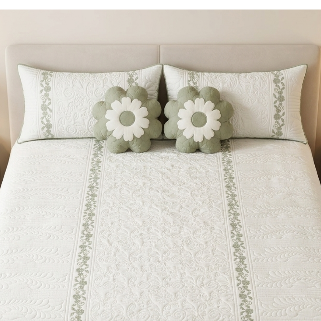 TIMA Angel 5PC Bedcover | Olive Green & Ivory Quilted Set