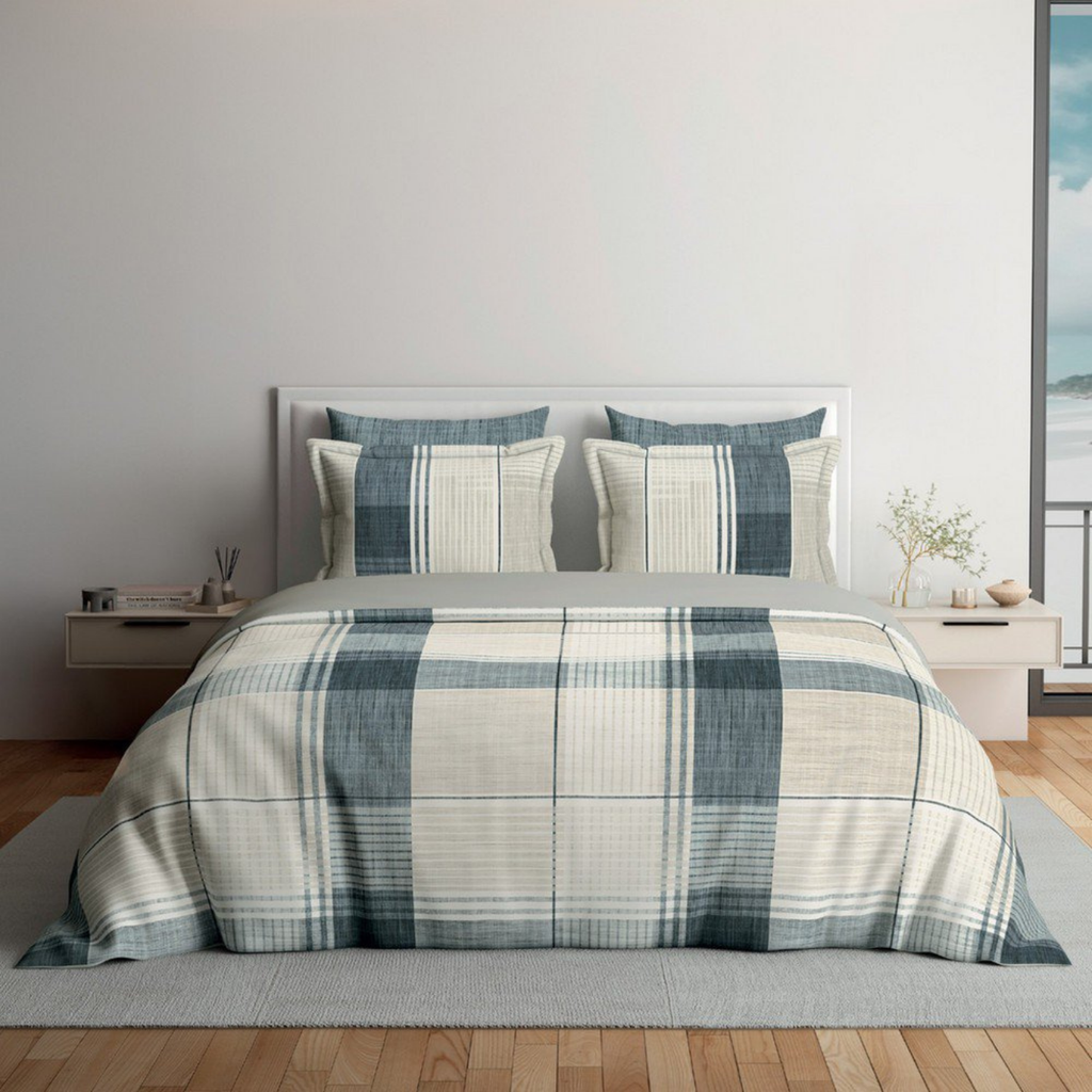 D'Decor Platinum AW25 Plaid Plush Blue Mirage Checks Digitally Printed 5-Piece Double Bedsheet Set | RP233 Plaid Plush Blue Mirage