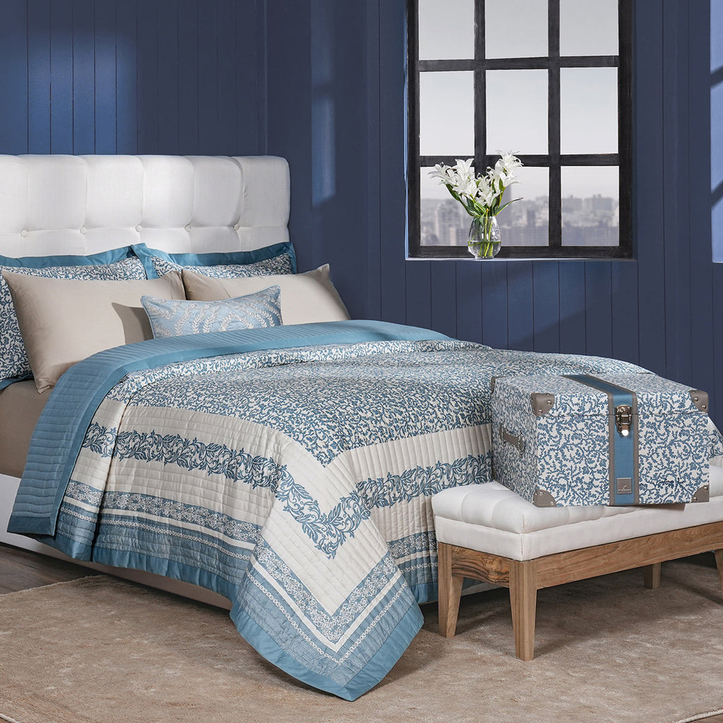 Classical Impression Ornamental 100% Cotton 8pcs Quilt/Qulited Bed Cover Set Blue