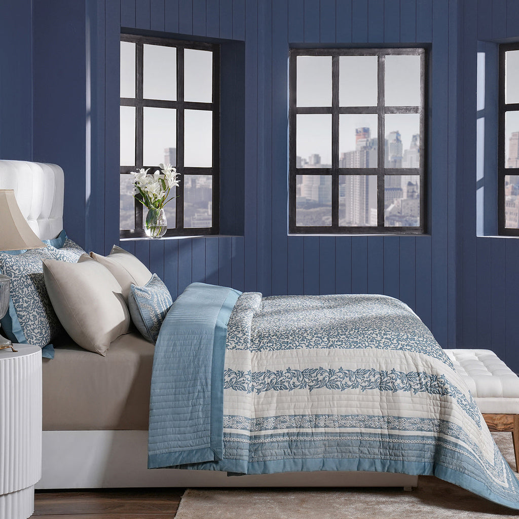 Classical Impression Ornamental 100% Cotton 8pcs Quilt/Qulited Bed Cover Set Blue