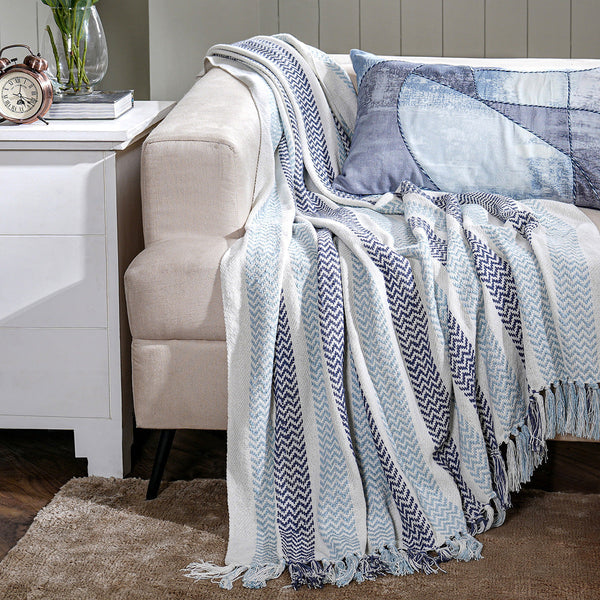 Rurban Elegance Crooked Stripe 100% Cotton 1PC Throw Blue